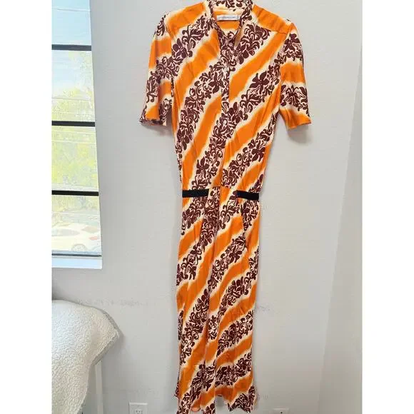 Christopher Esber Printed Silk Midi Dress Orange Tiger Hibiscus Size 10 Midi